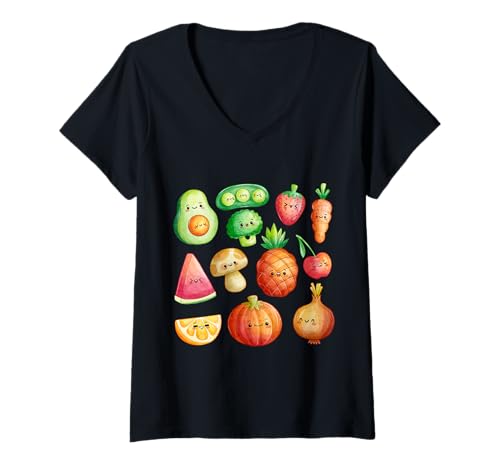 Damen Obst- und Gemüse-Illustration T-Shirt mit V-Ausschnitt Damen Obst- und Gemüse-Illustration T-Shirt mit V-Ausschnitt von Fruits & Vegetables Illustration Men Woman Teens