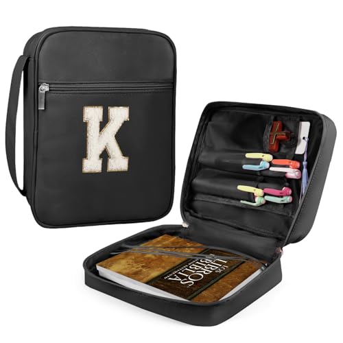 Fruobeyla Bibelhülle für Damen und Mädchen, Bibeltasche für Damen, PU-Leder, große Bibel-Tragetaschen mit Griff und Reißverschlusstasche für Kinder, 25,9 x 19,8 x 6,3 cm, Schwarz (Buchstabe K) von Fruobeyla