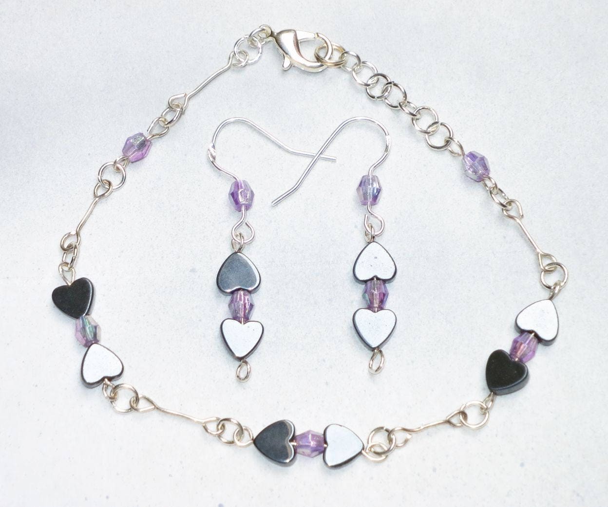 Schwarze Valentine Hämatit Armband Und Ohrringe Set Mit Lila Rose Kristallperlen Silber Vergoldet Kupfer Schwarze Valentine Hämatit Armband Und Ohrringe Set Mit Lila Rose Kristallperlen Silber Vergoldet Kupfer von FrustratedOwl