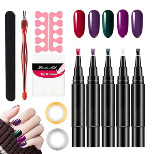 Nail Gel Pen Set, 5X Quick-Drying Nail Polish Pens, Gel Base and Top Coat Kit for Manicure, Portable Talons Art Tools with Easy Application and Finger Fun(5ml Each) von Fruusv