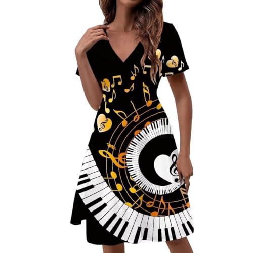 Frymappies Music Piano Keys Damen Sommer Kurzarm V-Ausschnitt Kleid Casual Midi Sonnenkleider, Musiknoten, Klaviertasten, 4, Groß von Frymappies