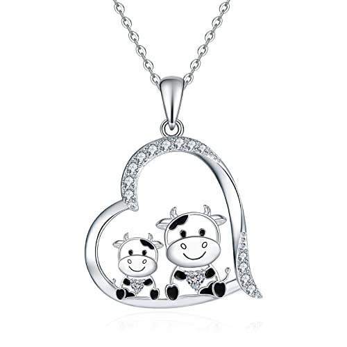 Fryneauy Kuh Kette 925 Sterling Silber Herz Kuh Anhänger Halskette Zwei Kühe Schmuck Geschenke für Damen Mutter Tochter Mädchen von Fryneauy