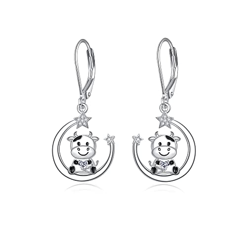 Kuh Ohrringe für Damen 925 Sterling Silber Kuh Hängend Ohrringe Mond Kuh Ohrhänger Schmuck Geschenk für Mädchen von Fryneauy