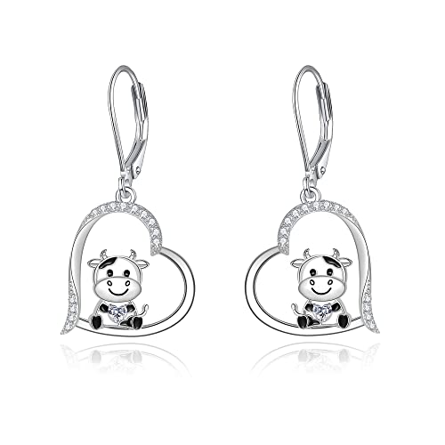 Kuh Ohrringe für Damen 925 Sterling Silber Kuh Herz Ohrhänger Hängend Ohrringe Kuh Schmuck Geschenk für Mädchen von Fryneauy