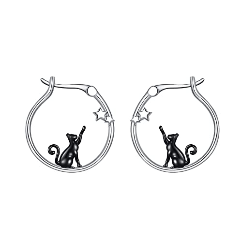Schwarze Katze Hoop Ohrringe für Frauen 925 Sterling Silber Niedliche Tier Hoop Ohrring Schmuck Geschenk für Mädchen von Fryneauy