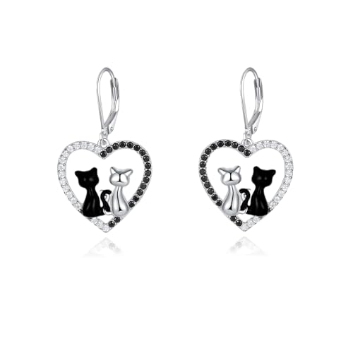 Katze Ohrringe für Damen 925 Sterling Silber Schwarze Katze Hängend Ohrringe Ohrhänger Katze Schmuck Geschenk für Mädchen von Fryneauy