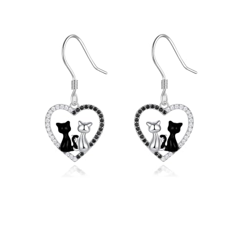 Schwarze Katze Tropfen Ohrringe 925 Sterling Silber Katzen Leverback Ohrringe Katze Schmuck Geschenk für Frauen Mädchen von Fryneauy