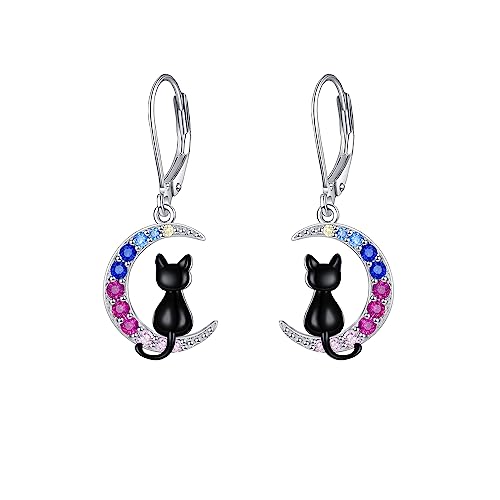 Schwarze Katze baumeln Ohrringe Katze Mond 925 Sterling Silber Ohrring Schmuck für Frauen von Fryneauy