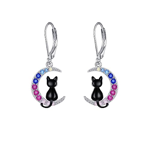 Schwarze Katze baumeln Ohrringe Katze im Mond 925 Sterling Silber Ohrring Hypoallergene Katze Schmuck für Frauen von Fryneauy