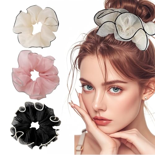 Fsahiuf 3 Pcs Damen Mädchen Mesh Haarringe Mode Temperament Mädchen Dickdarm Haargummis Seidenband Haarringe Trend Mode Haarschmuck Zubehör Fixierung von Schachtelhalm von Fsahiuf