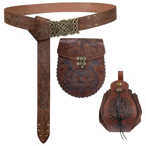 Fsahiuf 3pcs Mittelalterliche geprägte Gürteltasche Set Wikinger Schnalle Gürtel Portable Seite Tasche für LARP von Fsahiuf
