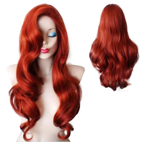 Fsahiuf Frauen Rot Faux Lange Lockige Haare Große Wellige Locken 24 Zoll Synthetische Perücke Jeden Tag Party Anime Cos Perücke Maskerade Party von Fsahiuf