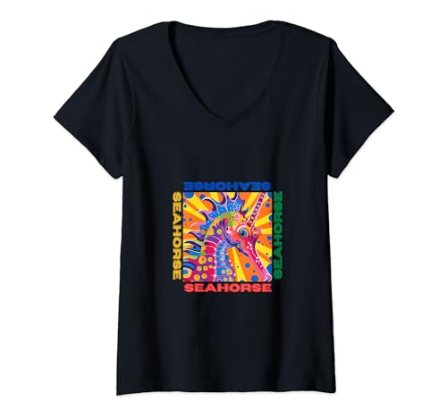 Damen Seepferdchen im Pop-Art-Stil Malerei für Seepferdchen-Liebhaber Geschenke T-Shirt mit V-Ausschnitt von Fshion Lover