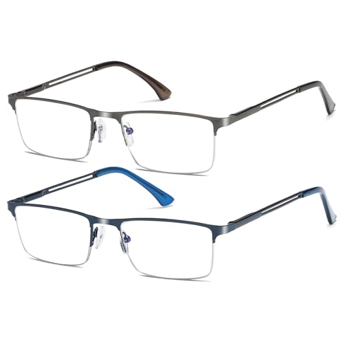 Fsread 2 Pack Halbe Rahmen Lesebrille für Herren Komfortable Robuste Leichtes Rechteckige Metallrahmen Blaulichtfilter Brille mit Federscharnier +2.0 von Fsread