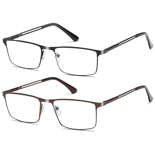 Fsread 2 Pack Lesebrille Herren Blaulichtfilter mit Federscharnieren Rectangular Reader Full Frame Ultraleicht Metallrahmen +2.0 von Fsread