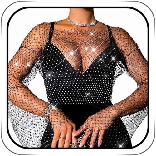 Fstrend Mesh Body Chains Strass Kristall durchsichtig Crop Tops Fischnetz Kleid Cover Up Schwarz EDM Festival Outfits für Frauen, A, Mittel von Fstrend