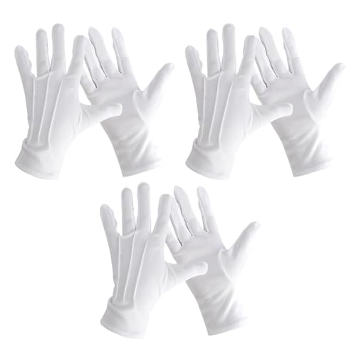 3 Paar Weiße Handschuhe Schützenfest, Nylon Baumwollhandschuhe Weiß Mit Druckknopf für Frauen und Herren Weihnachtsmann Santa Claus Kostüm Accessoire Formelle Smoking Kostüm Parade Handschuhe von Fsttre