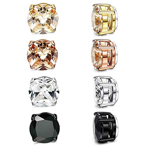 4 Paar Edelstahl-Ohrringe, magnetisch, für Herren, Damen, Mädchen, Kinder, falscher Ohrring, kein Piercing, ohne Loch, Zirkonia, Diamant, rund, Stecker, Silber, Gold, Schwarz, Roségold, 8 mm von Fu You