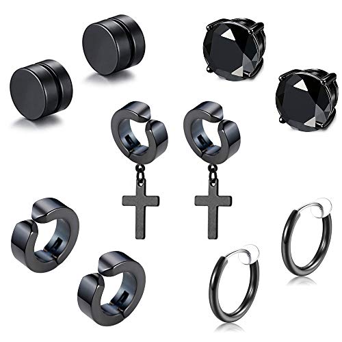 Fu You 5 Paare Set Edelstahl Clip Ohrringe Schwarz für Herren Damen, Fake Ohrringe Magnet Herren, Ohrringe Kreuz Herren Damen, Diamant Ohrringe Ohne Ohrloch Non-Piercing creolen Ohrclips Schwarz von Imaczi