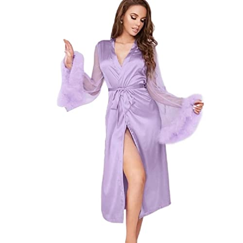 Damen Satin Federn Trim Mesh Langarm Robe Nachthemd Elegante Hochzeit Braut Bademantel Morgenmantel Nachtwäsche mit Gürtel Nachtwäsche für Frauen Nachthemd Langarm von FuBESk