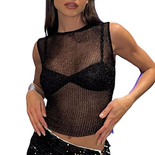 FuBESk Damen-Tanktop aus durchsichtigem Netzstoff, ärmellos, Rundhalsausschnitt, schmale Passform, glitzernd, glänzende Blusen, Weste, Clubwear, durchsichtiges Netz, bauchfreies Top mit Glitzer von FuBESk