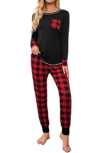 Fuakesor Damen Schlafanzug Lang Pyjama Set Herbst Winter Nachtwäsche Zweiteiliger Sleepwear Soft Loungewear Hausanzug mit Karierte Hose (Rot schwarz，X-Large) von Fuakesor