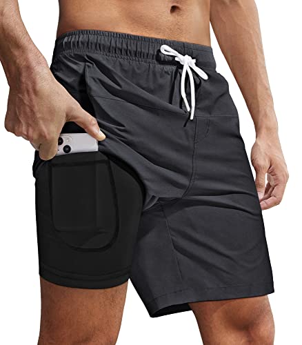 Fuakesor Badehose Herren mit Kompression Liner 2 in 1Atmungsaktiv Schwimmhose Badeshorts Männer Elastisch Trainingsshorts Verstellbar Tunnelzug mit Tasche(Grau,Groß) von Fuakesor