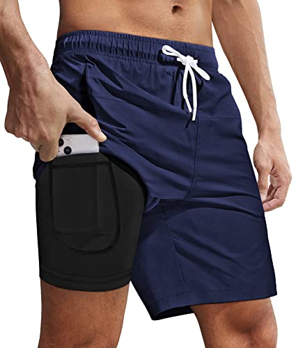 Fuakesor Badehose Herren mit Kompression Liner 2 in 1Atmungsaktiv Schwimmhose Badeshorts Männer Elastisch Trainingsshorts Verstellbar Tunnelzug mit Tasche(Navy,Klein) von Fuakesor