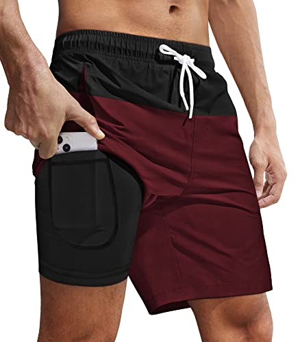 Fuakesor Badehose Herren mit Kompression Liner 2 in 1Atmungsaktiv Schwimmhose Badeshorts Männer Elastisch Trainingsshorts Verstellbar Tunnelzug mit Tasche(Rot,Groß) von Fuakesor