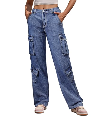 Fuakesor Cargohose Damen Baggy Y2K High Waist Stretch Wanderhose Sport Jogginghose mit Multi Taschen(Denim Blau,L) von Fuakesor