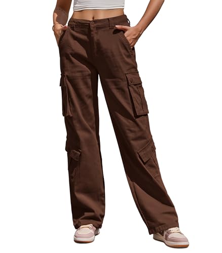 Fuakesor Cargohose Damen Baggy Y2K Multi Taschen High Waist Stretch Wanderhose Sport Jogginghose mit Elastischen Knöcheln(Braun,S) von Fuakesor