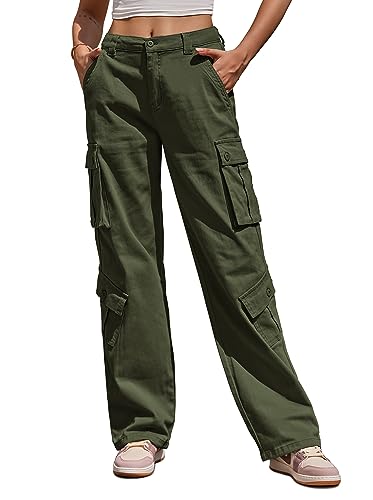 Fuakesor Cargohose Damen Baggy Y2K Multi Taschen High Waist Stretch Wanderhose Sport Jogginghose mit Elastischen Knöcheln(Grün,M) von Fuakesor