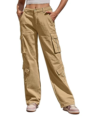 Fuakesor Cargohose Damen Baggy Y2K Multi Taschen High Waist Stretch Wanderhose Sport Jogginghose mit Elastischen Knöcheln(Khaki,L) von Fuakesor