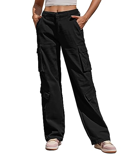 Fuakesor Cargohose Damen Baggy Y2K Multi Taschen High Waist Stretch Wanderhose Sport Jogginghose mit Elastischen Knöcheln(Schwarz,M) von Fuakesor