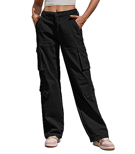 Fuakesor Cargohose Damen Baggy Y2K Multi Taschen High Waist Stretch Wanderhose Sport Jogginghose mit Elastischen Knöcheln(Schwarz,S) von Fuakesor