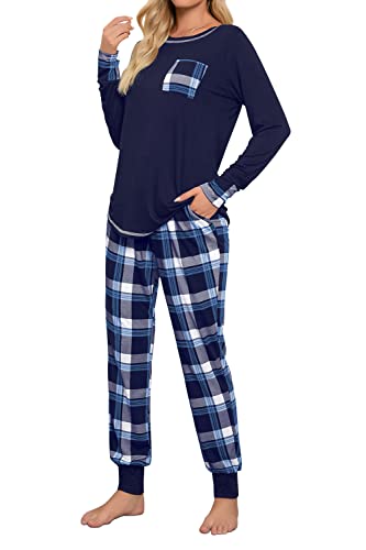 Fuakesor Damen Schlafanzug Lang Pyjama Set Herbst Winter Nachtwäsche Zweiteiliger Sleepwear Soft Loungewear Hausanzug mit Karierte Hose (Blau_01, XX-Large) von Fuakesor