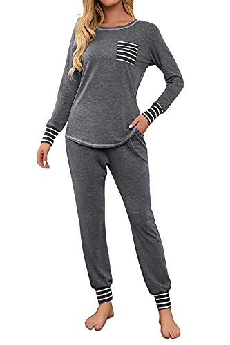 Fuakesor Damen Schlafanzug Lang Pyjama Set Herbst Winter Nachtwäsche Zweiteiliger Sleepwear Soft Loungewear Hausanzug mit Karierte Hose (Grau，Small) von Fuakesor