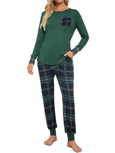 Fuakesor Damen Schlafanzug Lang Pyjama Set Herbst Winter Nachtwäsche Zweiteiliger Sleepwear Soft Loungewear Hausanzug mit Karierte Hose (Grün, X-Large) von Fuakesor