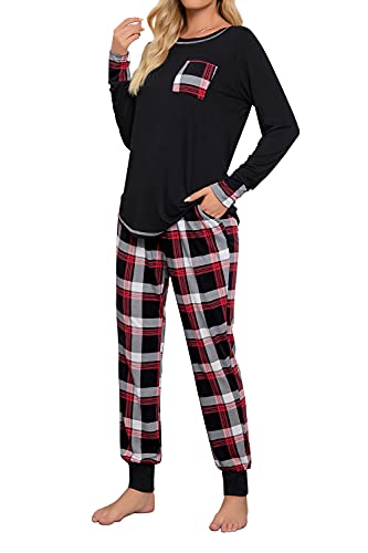 Fuakesor Damen Schlafanzug Lang Pyjama Set Herbst Winter Nachtwäsche Zweiteiliger Sleepwear Soft Loungewear Hausanzug mit Karierte Hose (Schwarz_01, XX-Large) von Fuakesor