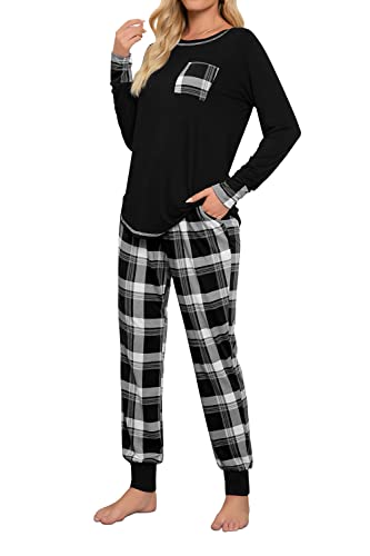 Fuakesor Damen Schlafanzug Lang Pyjama Set Herbst Winter Nachtwäsche Zweiteiliger Sleepwear Soft Loungewear Hausanzug mit Karierte Hose (Schwarz_03，Medium) von Fuakesor