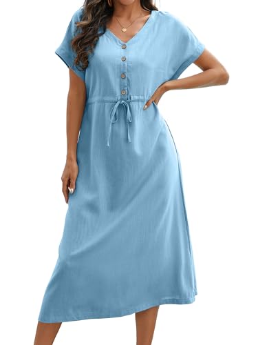 Sommerkleid Damen Leinen Kleider V-Ausschnitt Kordelzug Strandkleid Kurzarm A Linie Freizeitkleid mit Taschen(Blau,XL) von Fuakesor