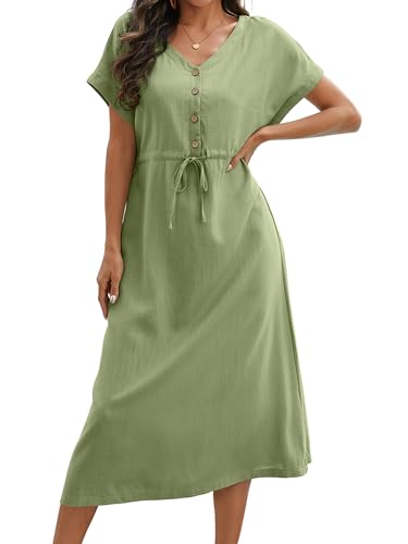 Sommerkleid Damen Leinen Kleider V-Ausschnitt Kordelzug Strandkleid Kurzarm A Linie Freizeitkleid mit Taschen(Grün,2XL) von Fuakesor