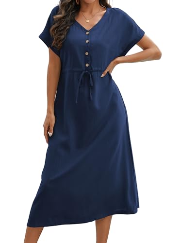 Sommerkleid Damen Leinen Kleider V-Ausschnitt Kordelzug Strandkleid Kurzarm A Linie Freizeitkleid mit Taschen(Navyblau,2XL) von Fuakesor