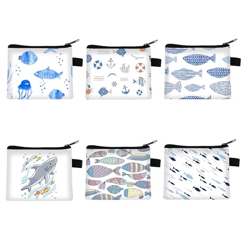 Fubuuf 6 Stück Mini Meeres Tier Münzbörsen Damen mit Reißverschluss Kleine Kinder Geldbörse Portemonnaie Tragbar Geldbeutel für Münzen Karten Schlüssel Kopfhörer– Ozean Motive von Fubuuf