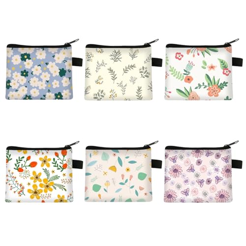 Fubuuf 6 Stück Portemonnaie Damen Klein, Blumen Design Mini Geldbörse Kinder Set, Kosmetiktasche Kleingeldbörse mit Reißverschluss für Münzen, Karten, Schlüssel, Lippenstift von Fubuuf