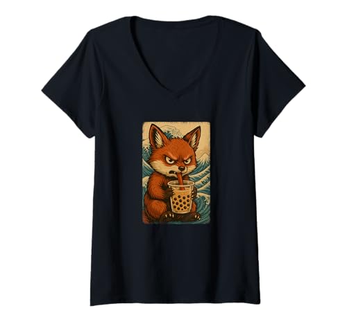 Damen Fuchs drinkt Bubble Tea Japanisches Vintage T-Shirt mit V-Ausschnitt Damen Fuchs drinkt Bubble Tea Japanisches Vintage T-Shirt mit V-Ausschnitt von Fuchs Bubble Tea Retro Kawaii Shop