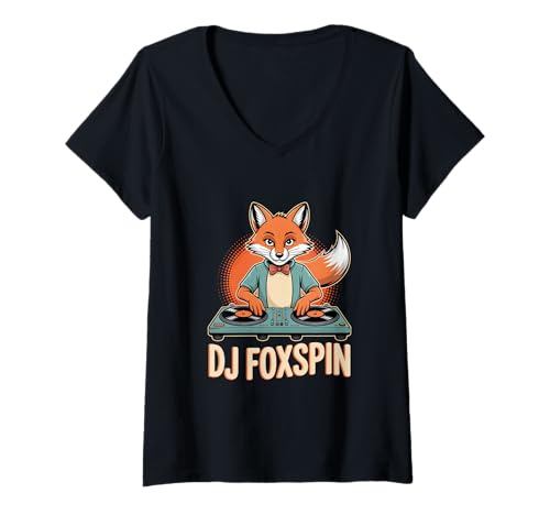 Damen DJ Foxspin Fuchs DJ Musik Plattenspieler Party T-Shirt mit V-Ausschnitt von Fuchs DJ Musik Party Club Festival EDM