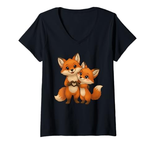 Damen Fuchs Pärchen mit Herz | Süßes Fuchs Füchsin Liebespaar T-Shirt mit V-Ausschnitt von Fuchs Designer Designs