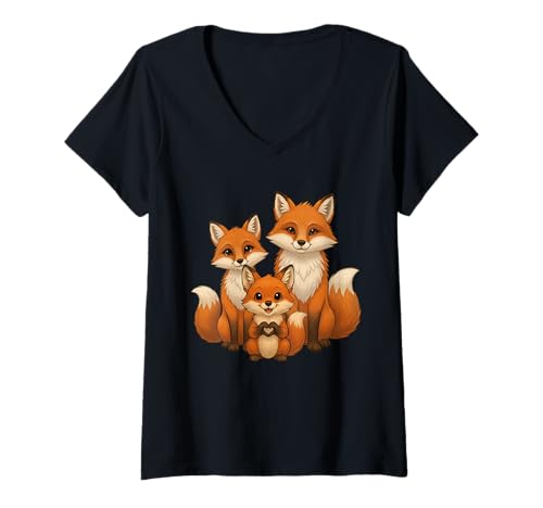 Damen Fuchs mit Herz und Familie | Süßer Fuchs mit Mama & Papa T-Shirt mit V-Ausschnitt von Fuchs Designer Designs