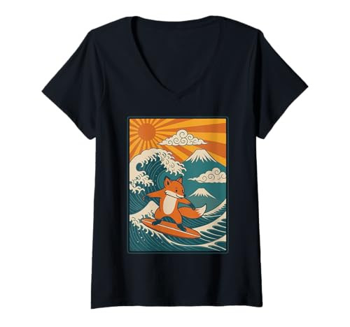 Damen Fuchs Surfen Japanisch Japanische Welle T-Shirt mit V-Ausschnitt von Fuchs Surfer Große Welle Anime Kawaii Ästhetik